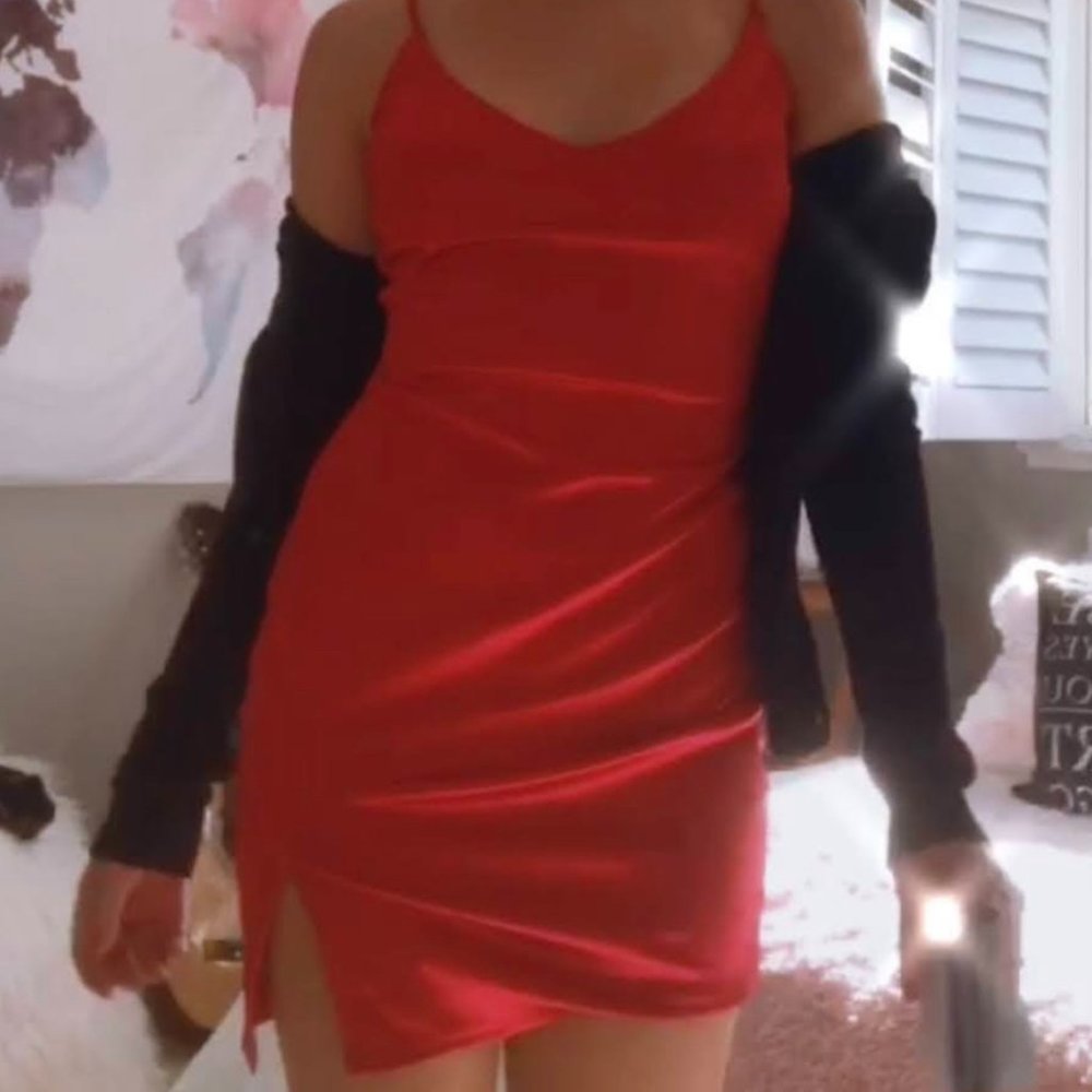 red satin dress